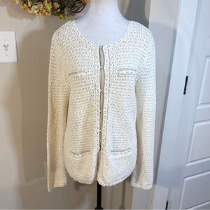 Vntg Pendleton Hong Kong Linen Cotton Open-Knit Cardigan Grosgrain Trim Sz L🧡